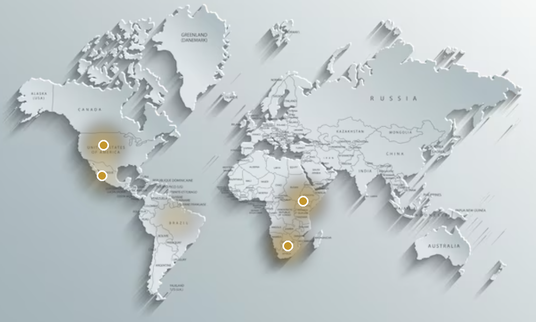 World map with gold markers highlighting Global CFO Solutions' regions: the United States, Mexico and Latin America, Kenya and East Africa, and South Africa